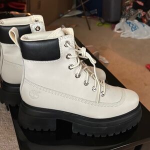 Timberland White and Black Lace Up Boots with Chunky Platform
